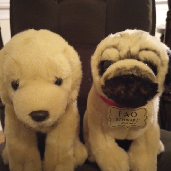 2 FAO Schwartz Plush Puppy Dogs, Pre-Owned: Golden Retriever Lab & Pug - Picture 2 of 11